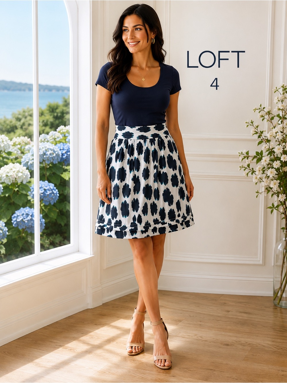 LOFT Ann Taylor Size 4 White & Navy Brushstroke Print A-Line Skirt